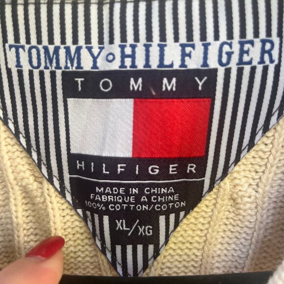 Vintage Tommy Hilfiger Cable Knit Polo Sweater Cream Preppy Classic - Picture 3 of 3